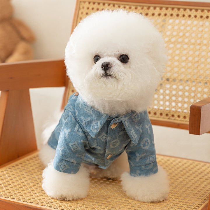 Denim-Dog jacket with leash ring for two front paws