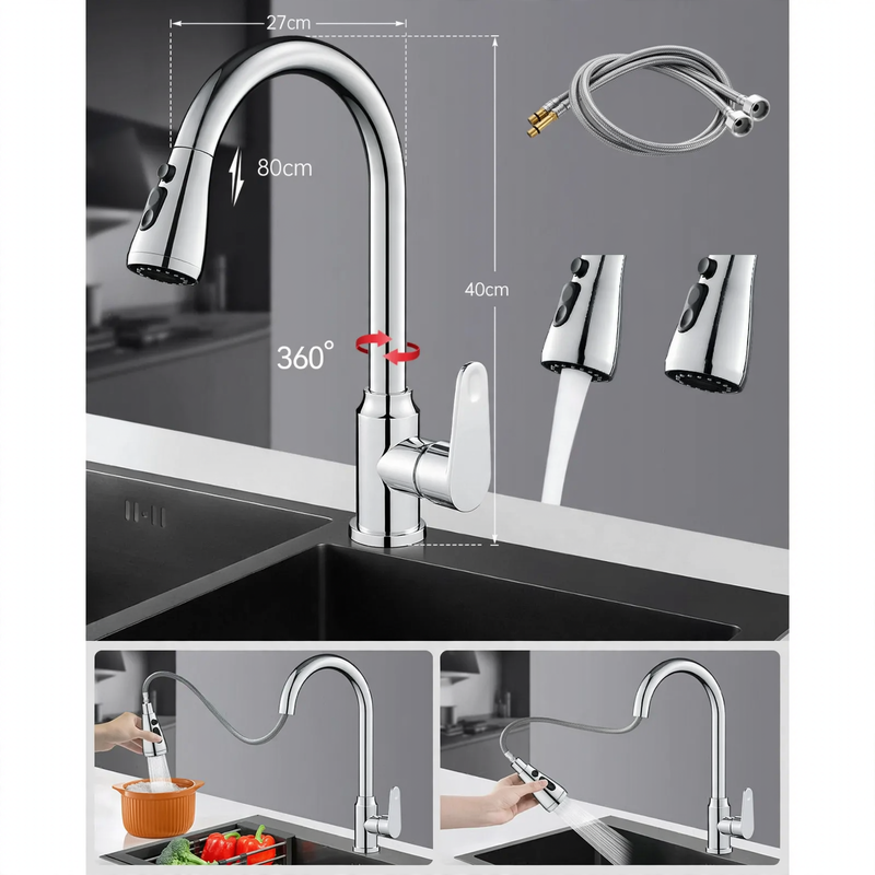 Kitchen faucet with retractable spout, cold and hot water