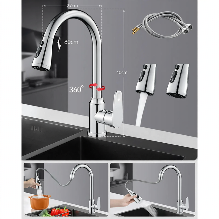 Kitchen faucet with retractable spout, cold and hot water