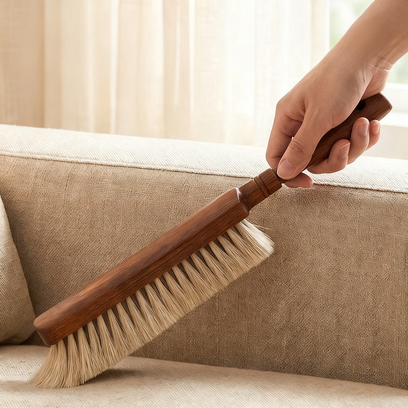 Bed brush with horsehair and long handle