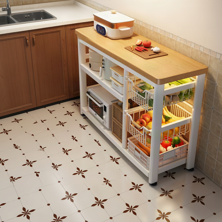 Kitchen work table with storage, narrow design