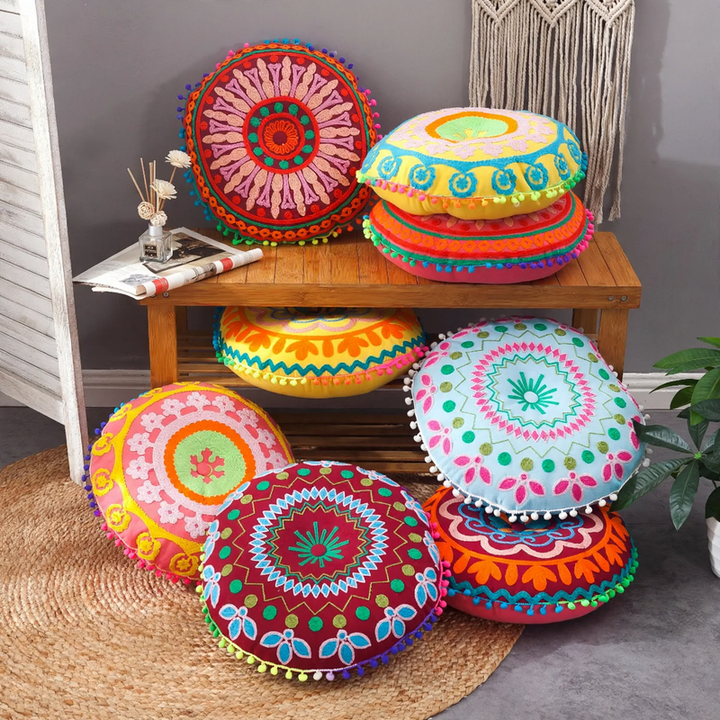 Round seat cushion, hand-embroidered, Boho style