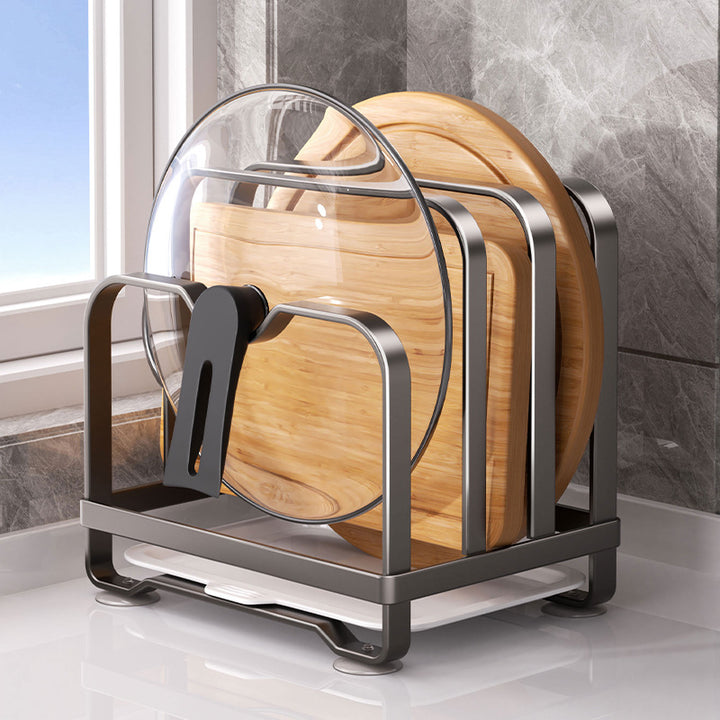 Kitchen stand for lids, knives, and cutting boards