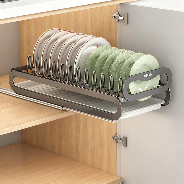 Extendable dish rack for kitchen cabinets