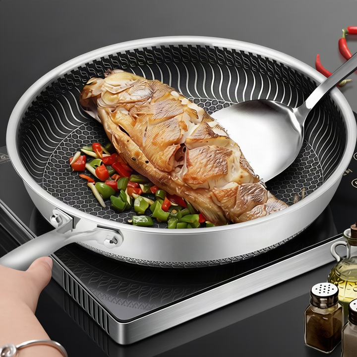 Stainless steel frying pan with glass lid
