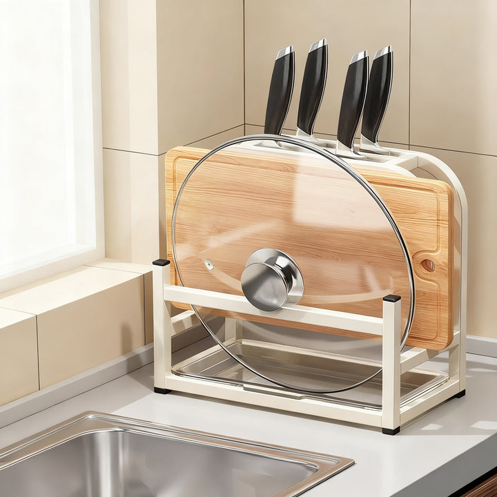 Knife block with cutting board and pot lid holder