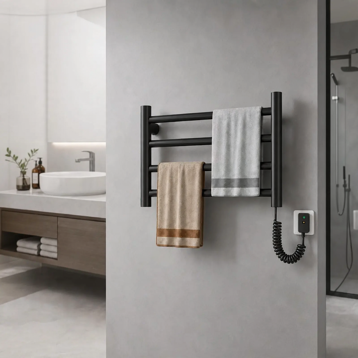 Towel radiator with towel holder, steel construction
