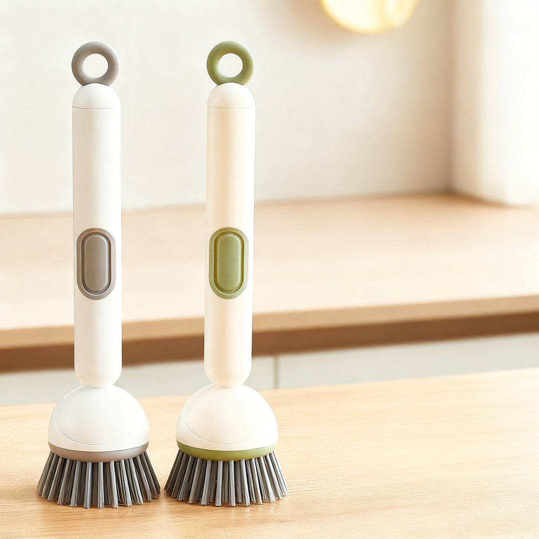 Pot brush with long handle and liquid dispenser
