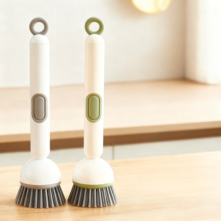 Pot brush with long handle and liquid dispenser