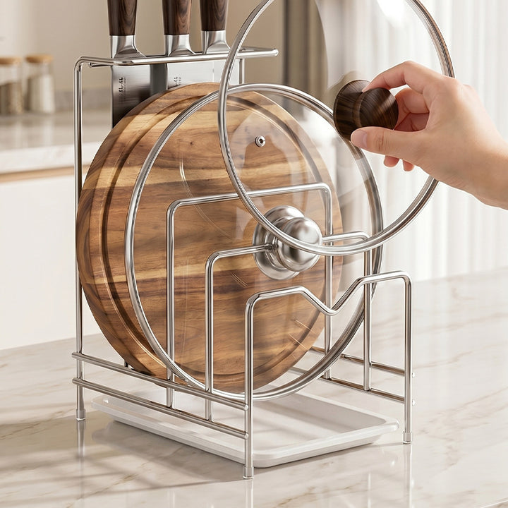 Stainless steel kitchen shelf for knives, boards, and lids