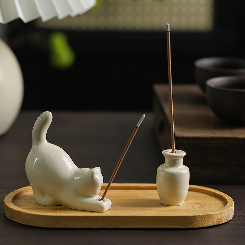 Cat incense stick holder with wooden bases
