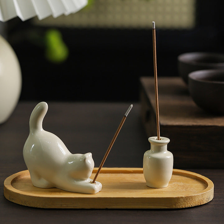 Cat incense stick holder with wooden bases