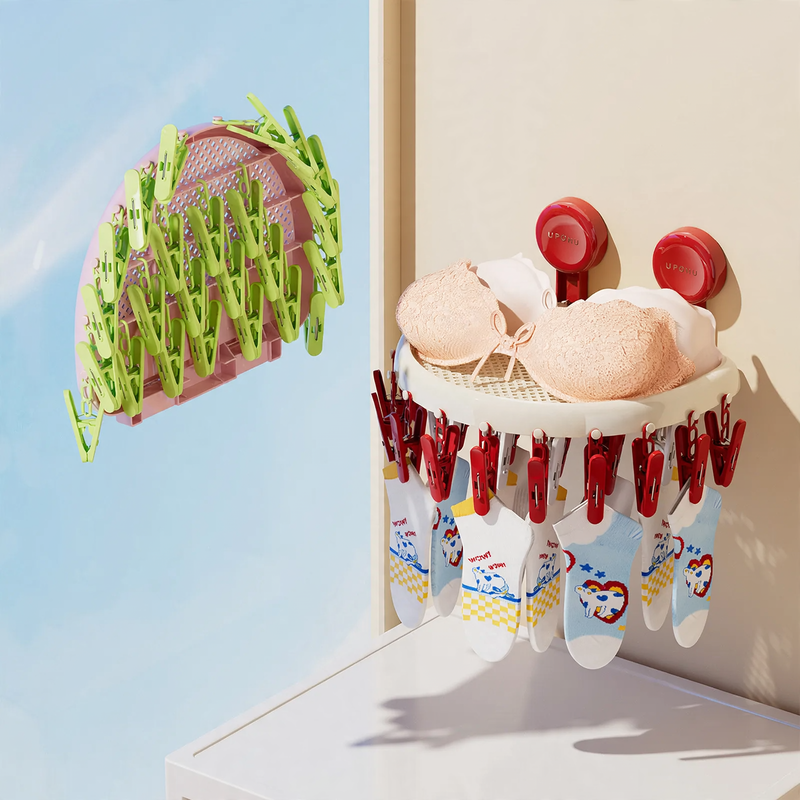 Clothes drying rack with suction cup and 24 clips