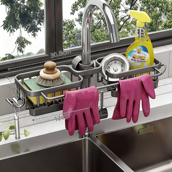 Aluminum sink organizer with drain tray