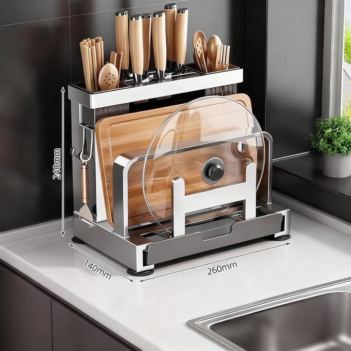 Knife and cutting board stand, steel, multifunctional