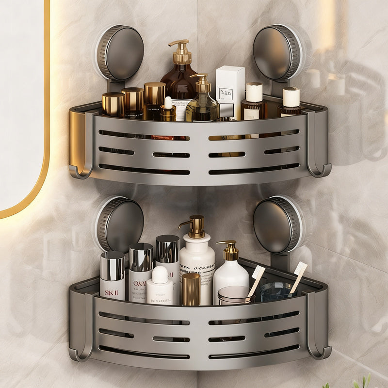 Bathroom corner basket with suction cup made of aluminum