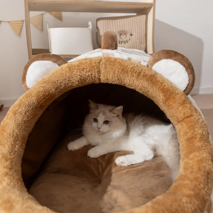 Half-open cat bed with carrying handle, warming
