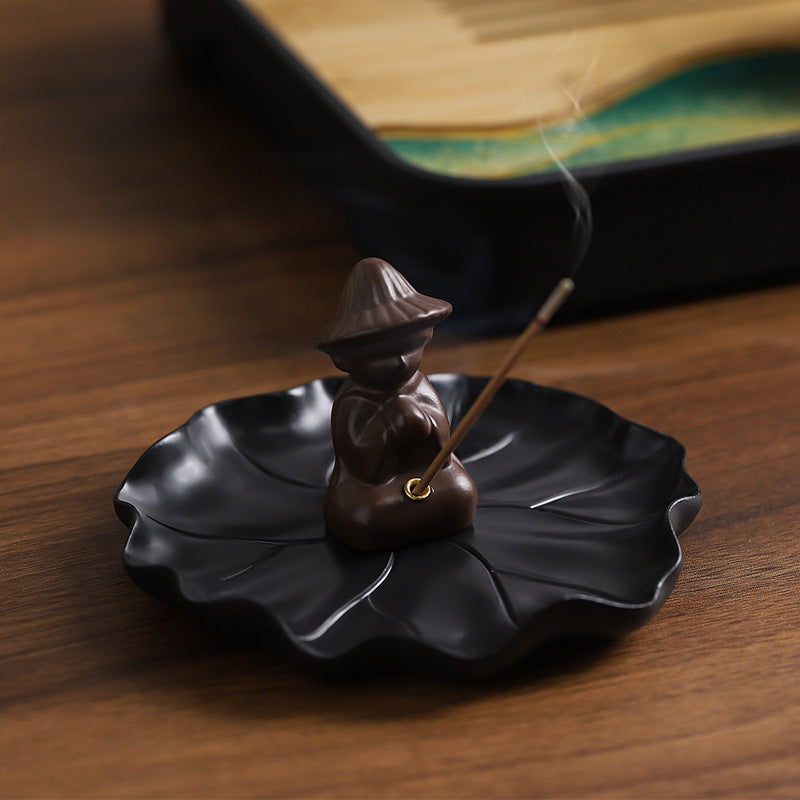 Incense stick holder lotus leaf and fisherman, resin