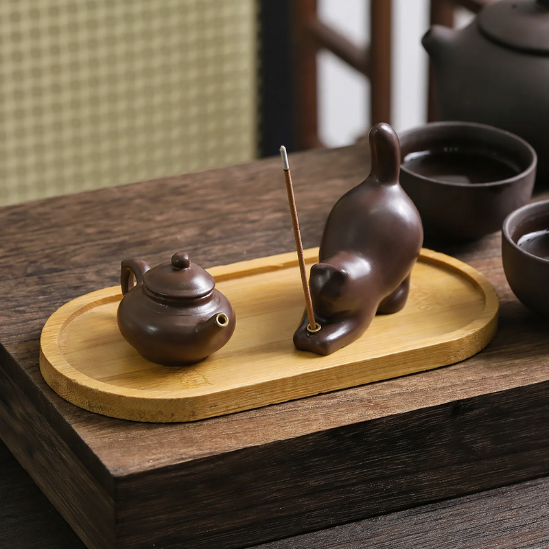Cat incense stick holder with wooden bases