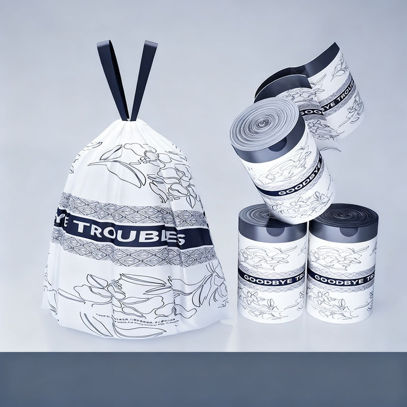 Trash bags with drawstring and handles
