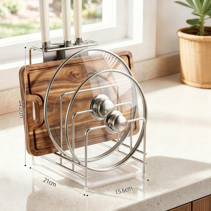 Stainless steel kitchen shelf for knives, boards, and lids