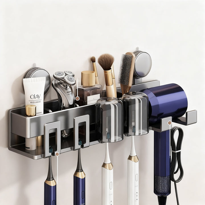 Suction cup toothbrush and hair dryer holder, wall-mounted