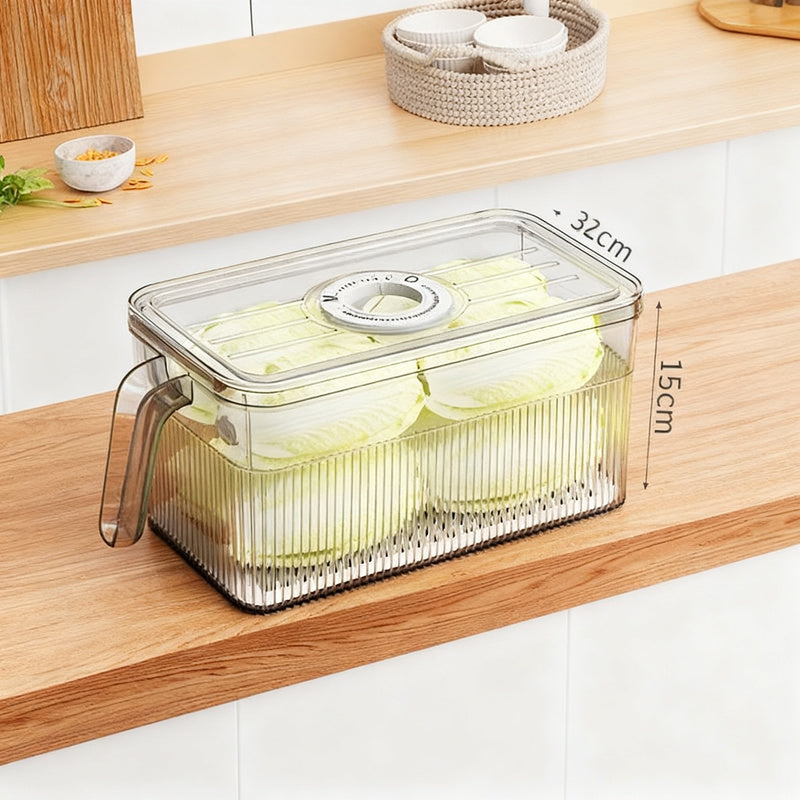 Refrigerator storage container with drain and timer function