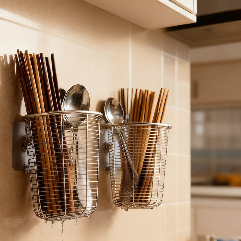 Stainless steel chopstick holder with drainage, wall-mounted
