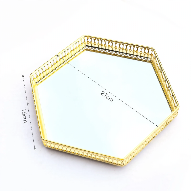 Metal mirror tray, silver, geometric