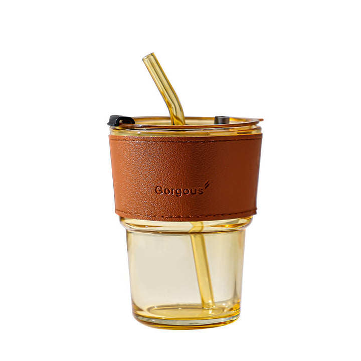 Glass drinking cup with straw