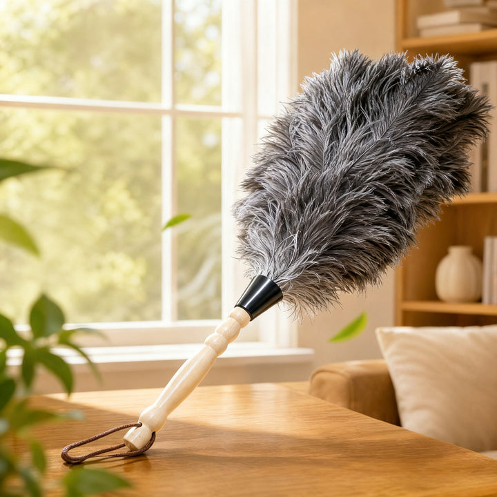 Feather duster made of ostrich feathers, extensible