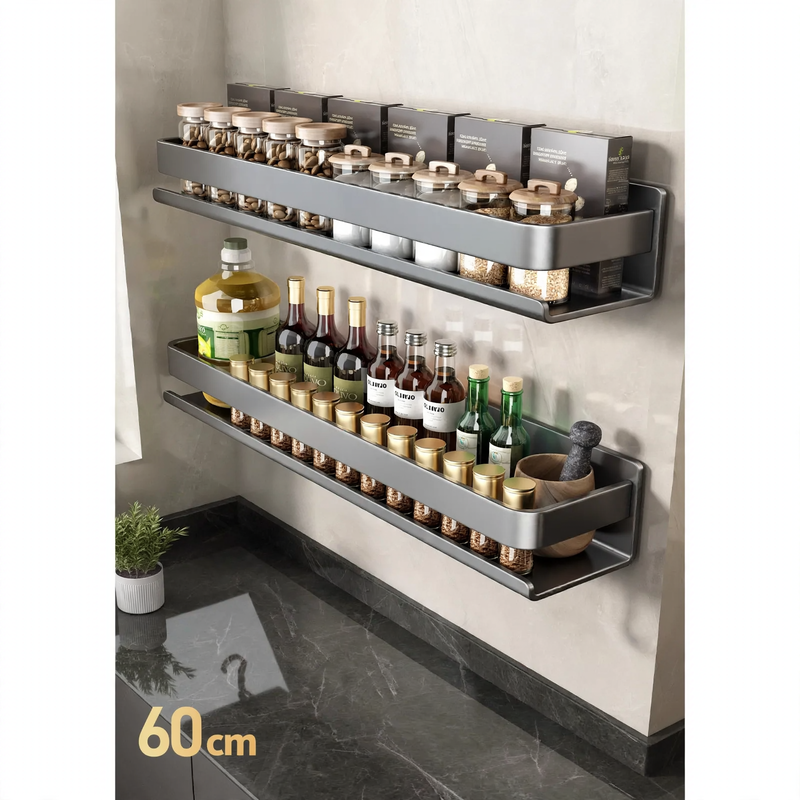 Wall-mounted kitchen shelf made of steel, no drilling