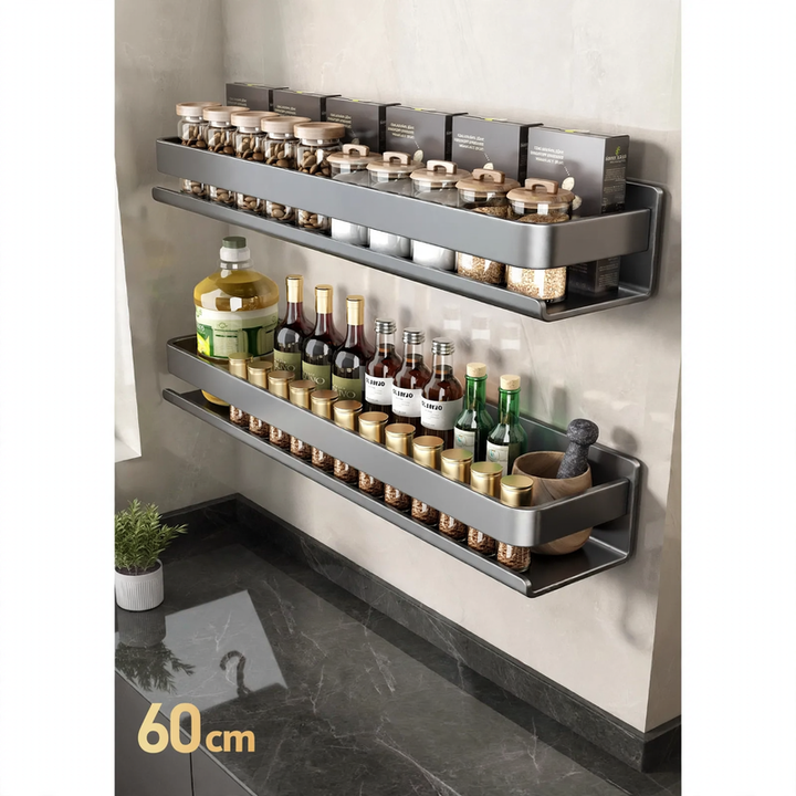 Wall-mounted kitchen shelf made of steel, no drilling