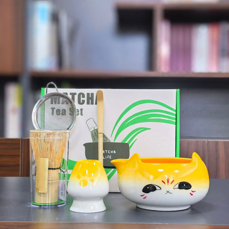 Matcha Bowl Set, Ceramic, Cat Design, Japanese