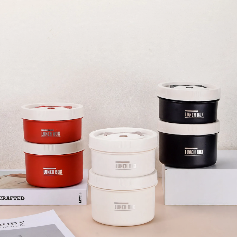 Stainless steel lunch box, round, 470–600 ml, with lid