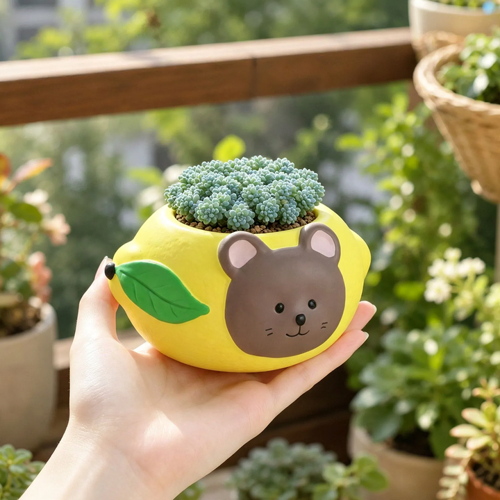 Flower pot bear and lemon, ceramic, painted
