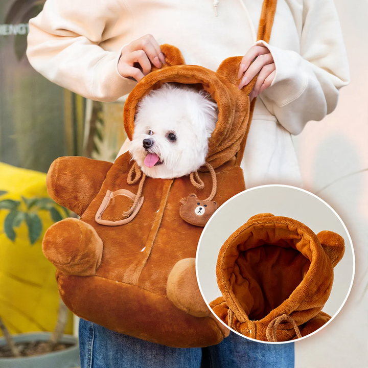 Wearable pet transport bag made of fleece with animal motif
