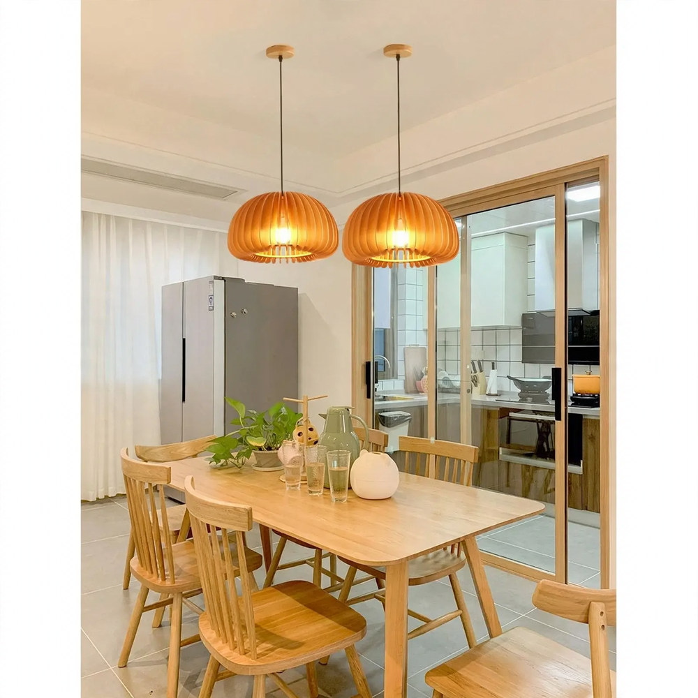 Wooden hanging lamp with LED, height adjustable