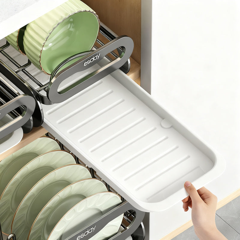 Extendable dish rack for kitchen cabinets