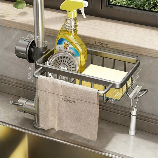 Aluminum storage basket for faucet and sink