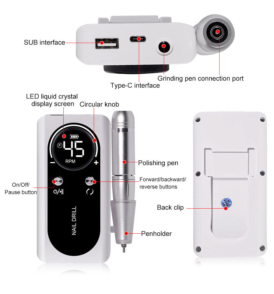 Stornfield | Professional Portable Electric Nail File 45000RPM with Rechargeable Battery | Low Noise Level for Manicure