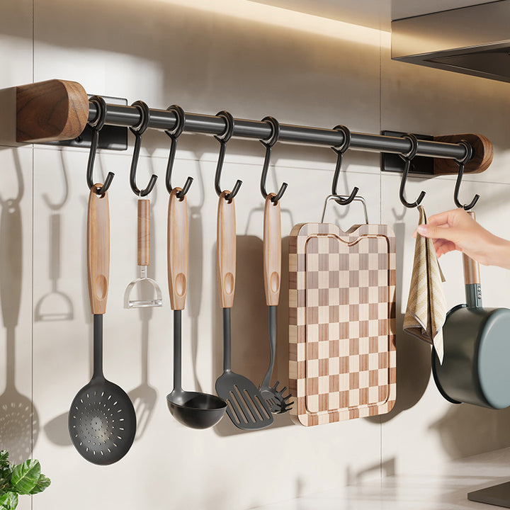 Wall-mounted kitchen rail with hooks