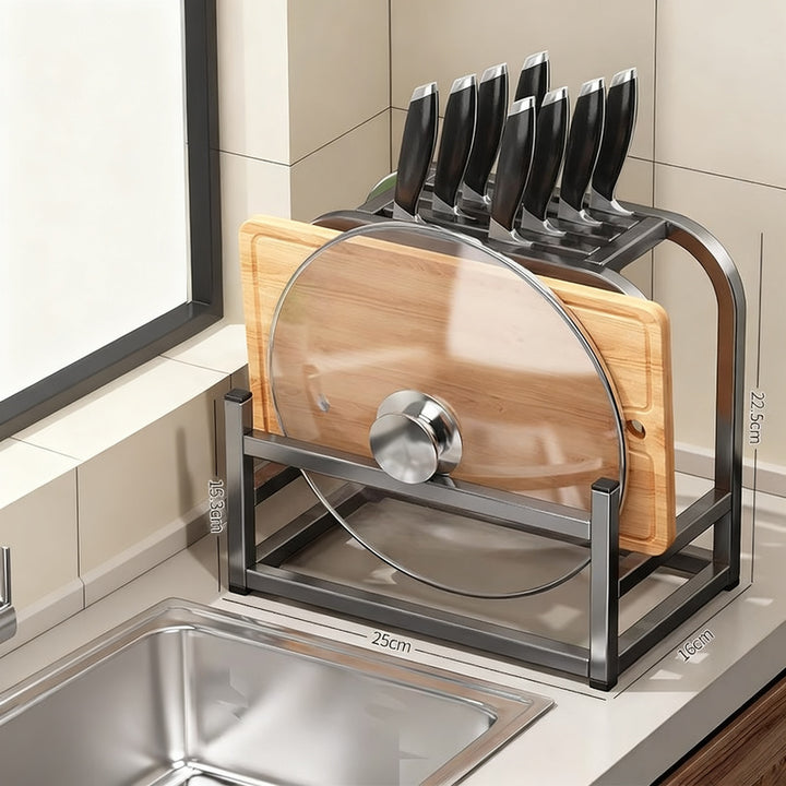 Knife block with cutting board and pot lid holder