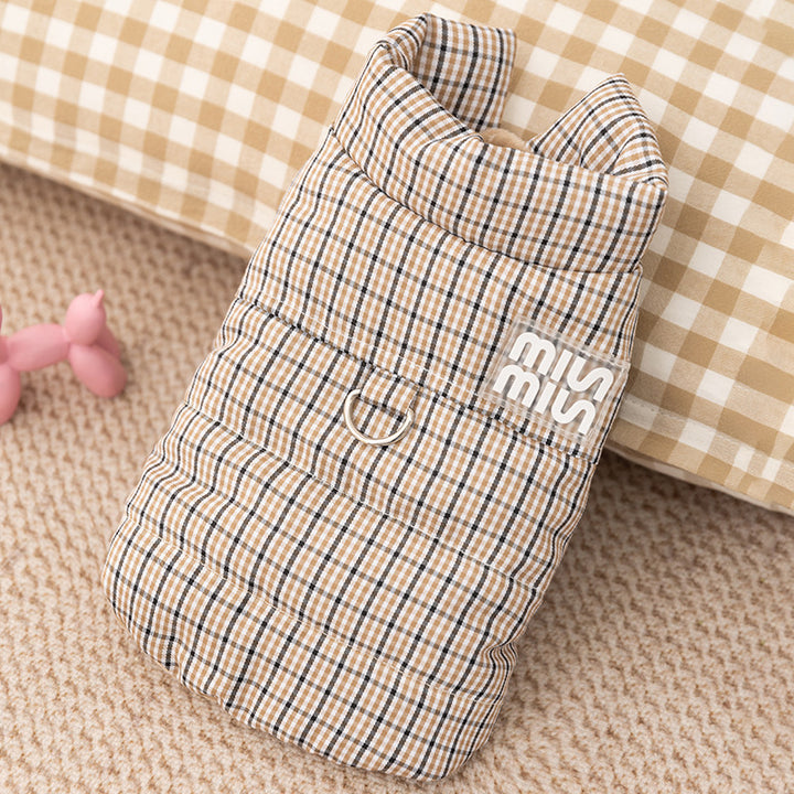 Dog jacket, check pattern, with leash, cotton