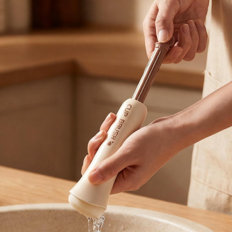 Long handle brush with squeezing function for cups and bottles