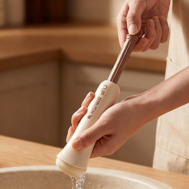 Long handle brush with squeezing function for cups and bottles