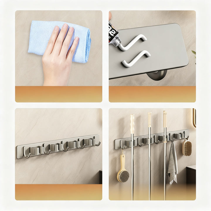 Wall bracket for brooms and mops made of stainless steel