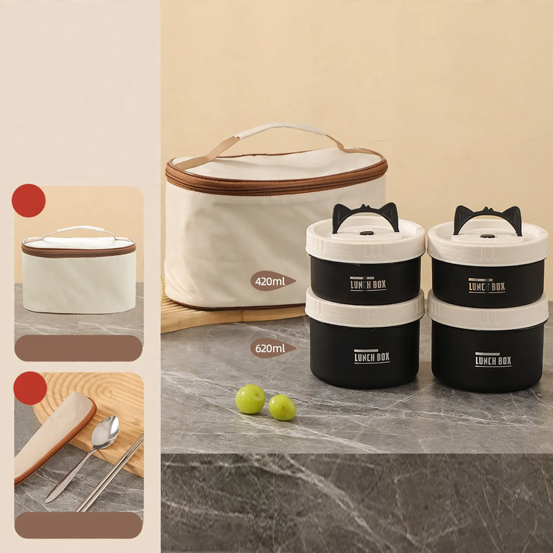 Stainless steel lunch box, round, 470–600 ml, with lid