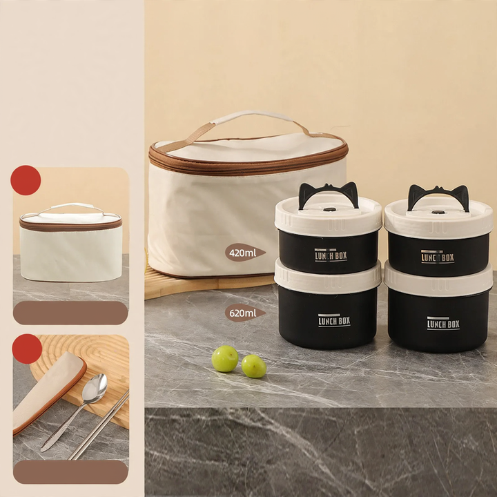 Stainless steel lunch box, round, 470–600 ml, with lid