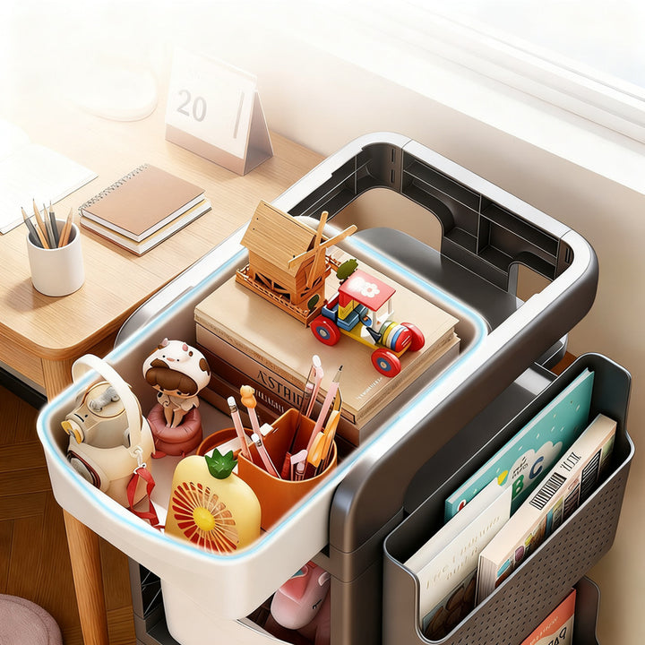 Multi-tier bookshelf with wheels and schoolbag compartment